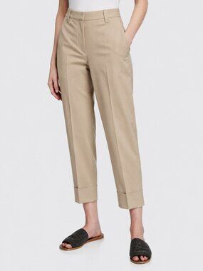 Brunello Cucinelli Khaki Pants Cuff Straight Leg Cotton Twill Trousers Size 10